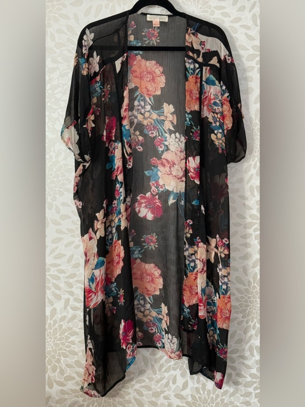 Band Of Gypsies Women’s M Boho Floral Open Front Semi Sheer Cardigan Kimono Top